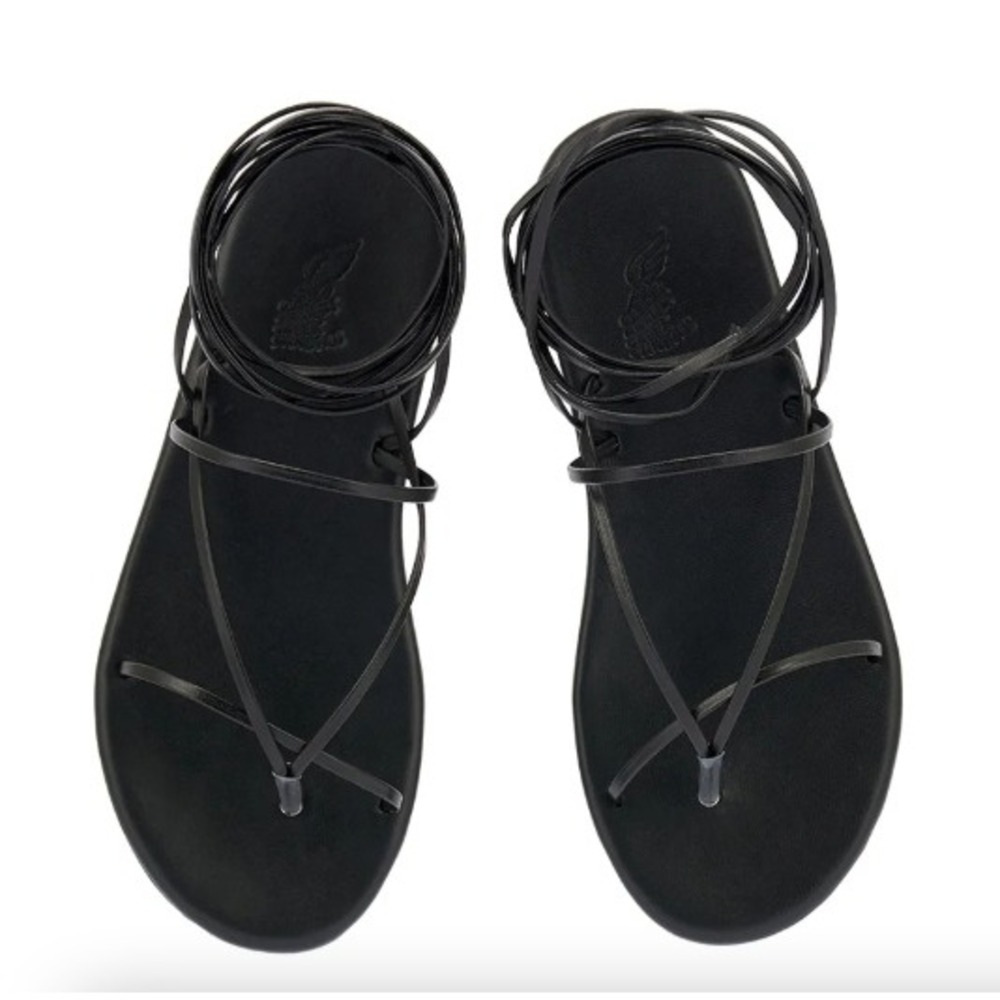 Ancient Greek Sandals Black Leather Lace Up Gladiator Thong Sandals | Size 39/ 9